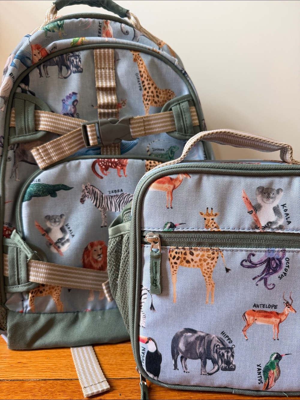 Pottery Barn Kids Light Blue Safari Backpack and Lunchbox Set